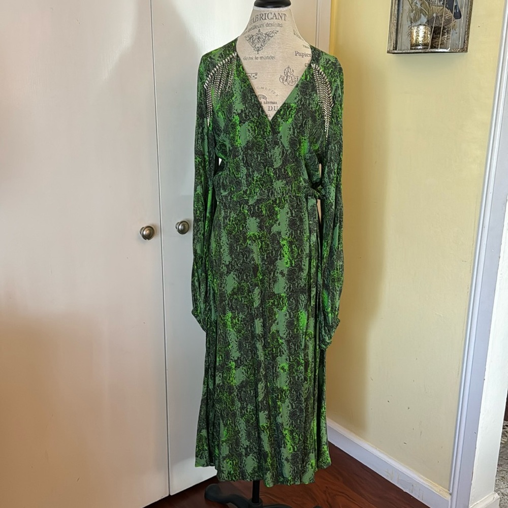 ROTATE Kira Python Print Puff-Sleeve Midi Wrap Dress with Rhinestones